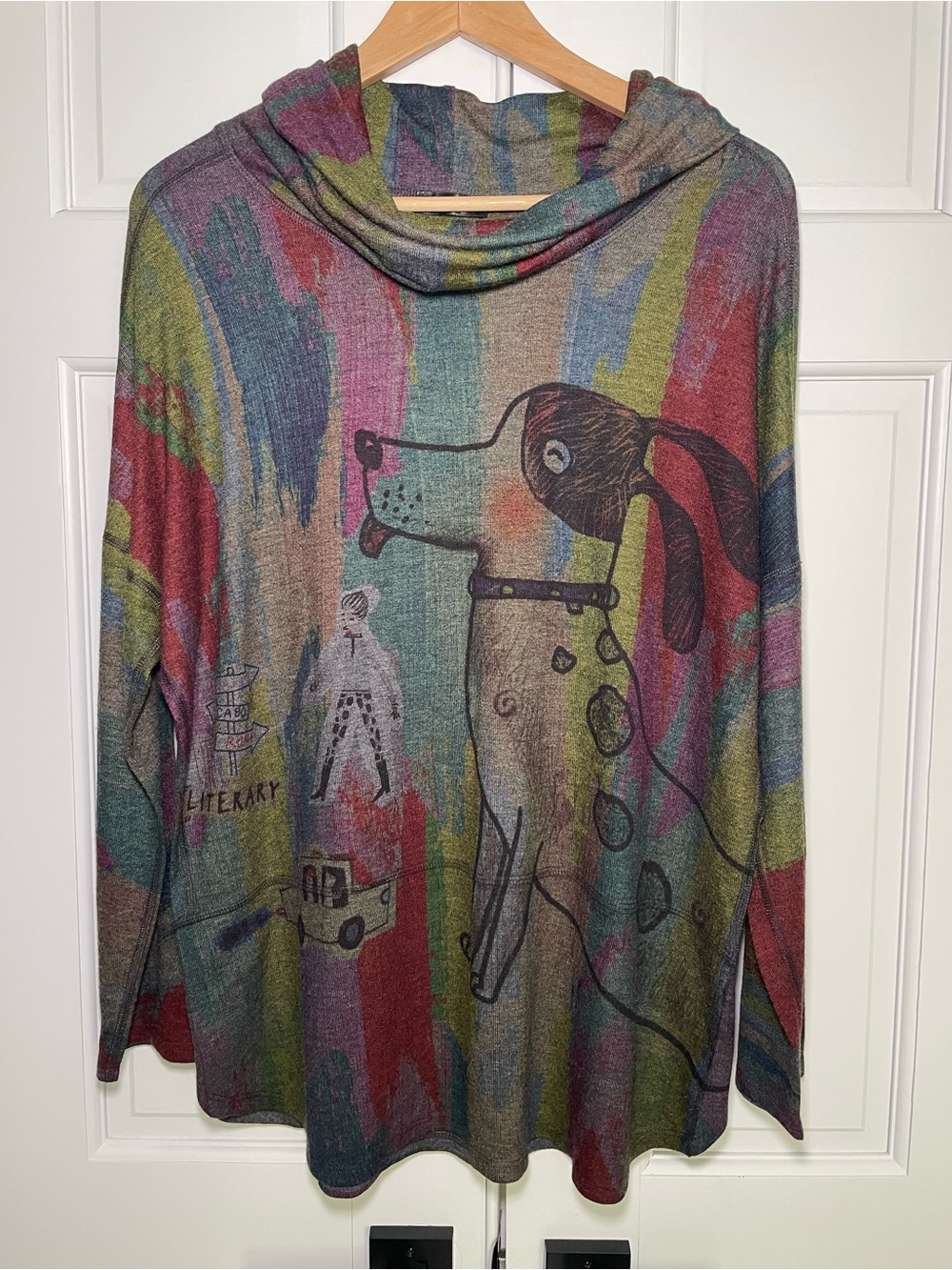 Inoah Whimsical Dog Cowl Neck Top Tunic Artsy Creative XL